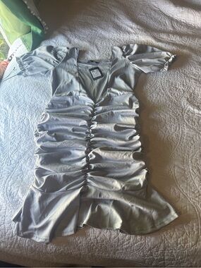 Silver Ruched V-Neck Mini Dress